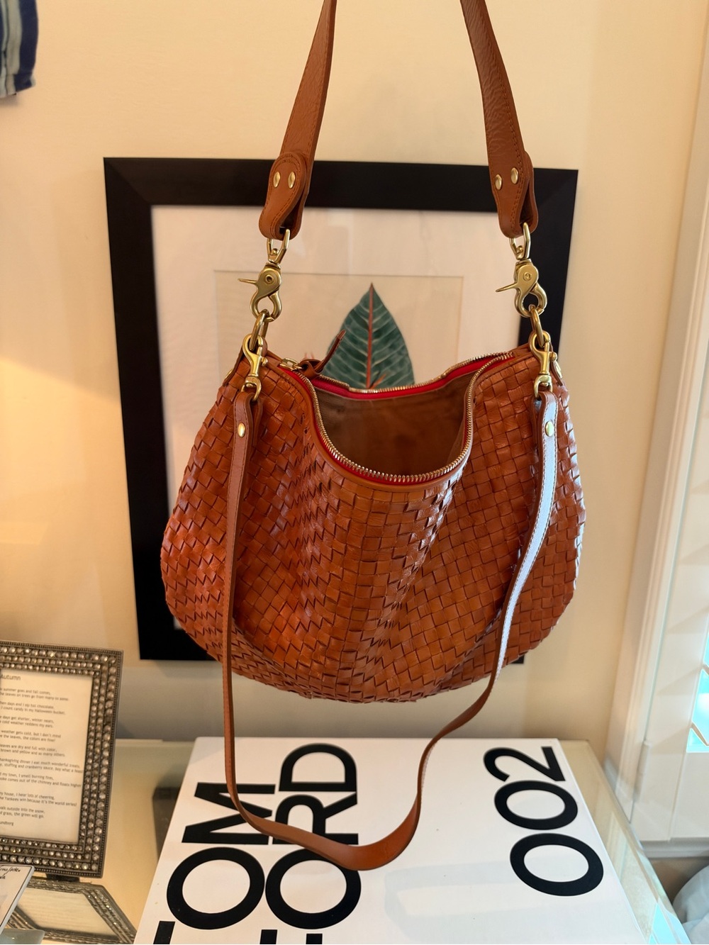 Clare V Moyan Messenger Woven Crossbody Bag in Cognac Brown with Gold Hardware - Picture 13 of 14